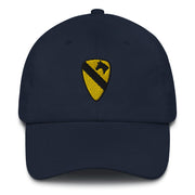 A navy blue 1st Cavalry Division Hat with the logo on the front.  The hat has a curved visor and an adjustable strap at the back.