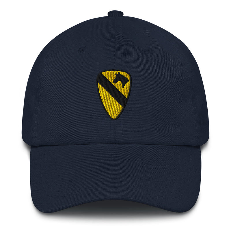 A navy blue 1st Cavalry Division Hat with the logo on the front.  The hat has a curved visor and an adjustable strap at the back.