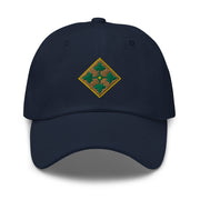 A navy blue 4th Infantry Division Division Hat with the logo on the front.  The hat has a curved visor and an adjustable strap at the back.