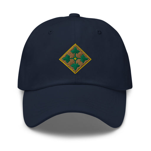 A navy blue 4th Infantry Division Division Hat with the logo on the front.  The hat has a curved visor and an adjustable strap at the back.