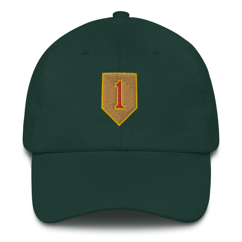 A spruce colored 1st Infantry Division Hat with the logo on the front.  The hat has a curved visor and an adjustable strap at the back.