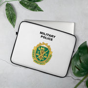 A lightweight and water-resistant white Laptop Sleeve with the Military Police logo printed on top. The laptop sleeve is designed to fit a 15" laptop.