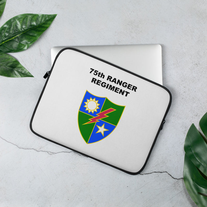 A lightweight and water-resistant white Laptop Sleeve with the 75th Ranger Regiment logo printed on top. The laptop sleeve is designed to fit a 13" laptop.