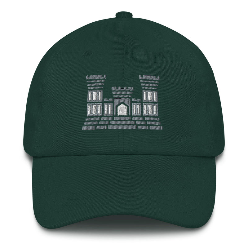 A spruce colored Combat Engineer Hat with the logo on the front.  The hat has a curved visor and an adjustable strap at the back.