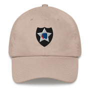 A stone colored 2nd Infantry Division Hat with the logo on the front.  The hat has a curved visor and an adjustable strap at the back.