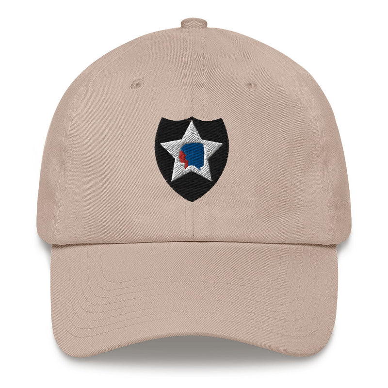 A stone colored 2nd Infantry Division Hat with the logo on the front.  The hat has a curved visor and an adjustable strap at the back.