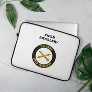 A lightweight and water-resistant white Laptop Sleeve with the Field Artillery logo printed on top. The laptop sleeve is designed to fit a 15" laptop.