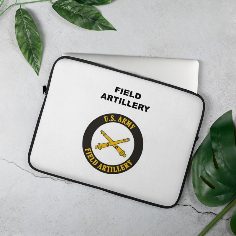 A lightweight and water-resistant white Laptop Sleeve with the Field Artillery logo printed on top. The laptop sleeve is designed to fit a 15" laptop.