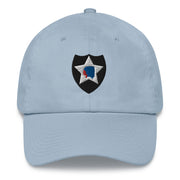 A light blue 2nd Infantry Division Hat with the logo on the front.  The hat has a curved visor and an adjustable strap at the back.