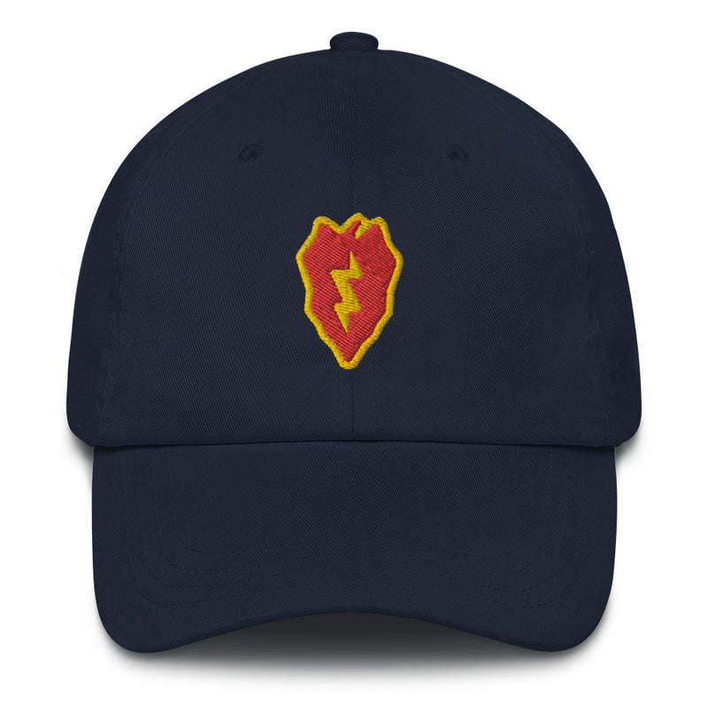 A navy blue 25th Infantry Division Hat with the logo on the front.  The hat has a curved visor and an adjustable strap at the back.