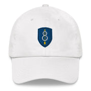 A white 8th Infantry Division Hat with the logo on the front.  The hat has a curved visor and an adjustable strap at the back.