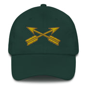 A spruce colored Special Forces Division Hat with the logo on the front.  The hat has a curved visor and an adjustable strap at the back.