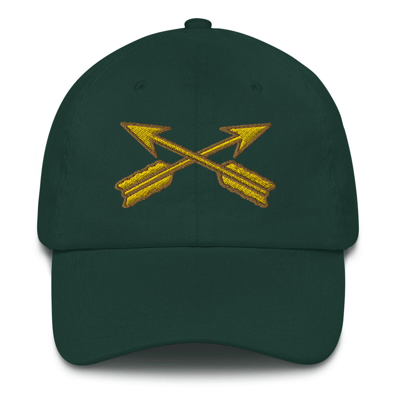 A spruce colored Special Forces Division Hat with the logo on the front.  The hat has a curved visor and an adjustable strap at the back.