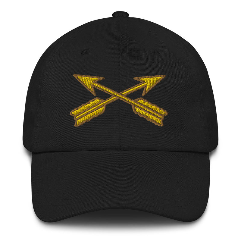 A black Special Forces Hat with the logo on the front.  The hat has a curved visor and an adjustable strap at the back.