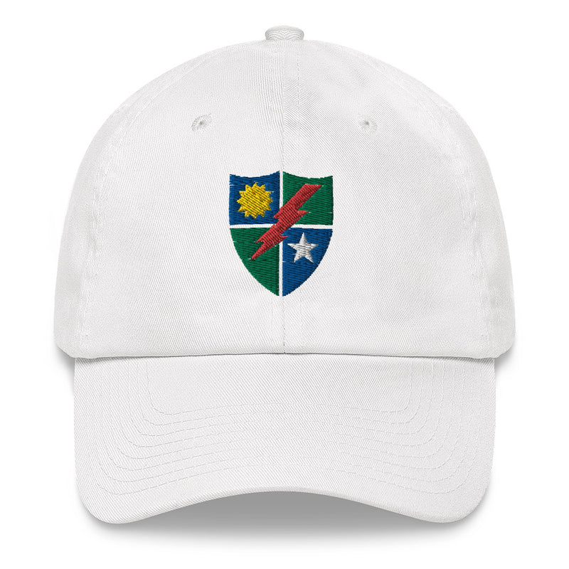A white 75th Ranger Regiment Hat with the logo on the front.  The hat has a curved visor and an adjustable strap at the back.