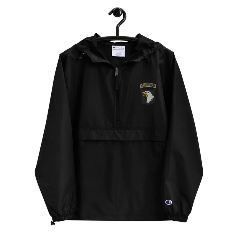 101st Airborne Black Champion packable jacket with a detailed embroidered logo.