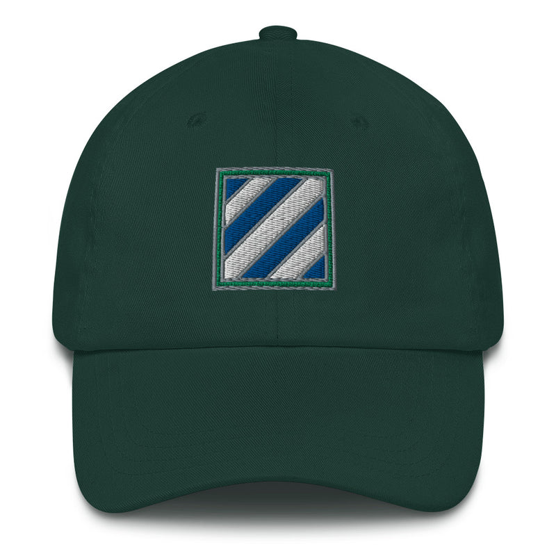 A spruce colored 3rd Infantry Division Hat with the logo on the front.  The hat has a curved visor and an adjustable strap at the back.
