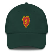 A spruce colored 25th Infantry Division Hat with the logo on the front.  The hat has a curved visor and an adjustable strap at the back.