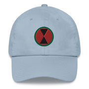 A light blue 7th Infantry Division Hat with the logo on the front.  The hat has a curved visor and an adjustable strap at the back.