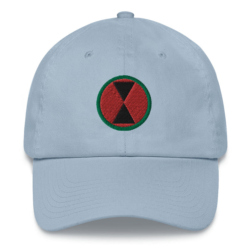 A light blue 7th Infantry Division Hat with the logo on the front.  The hat has a curved visor and an adjustable strap at the back.
