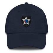 A navy blue 2nd Infantry Division Hat with the logo on the front.  The hat has a curved visor and an adjustable strap at the back.