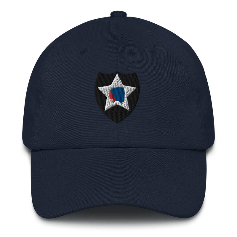 A navy blue 2nd Infantry Division Hat with the logo on the front.  The hat has a curved visor and an adjustable strap at the back.