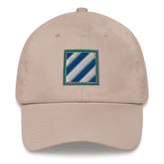 A stone colored 3rd Infantry Division Hat with the logo on the front.  The hat has a curved visor and an adjustable strap at the back.