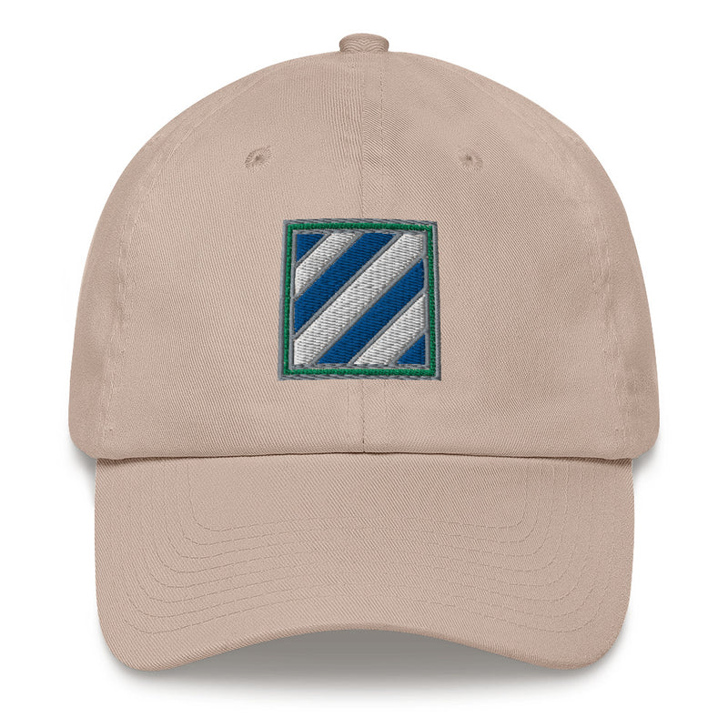 A stone colored 3rd Infantry Division Hat with the logo on the front.  The hat has a curved visor and an adjustable strap at the back.