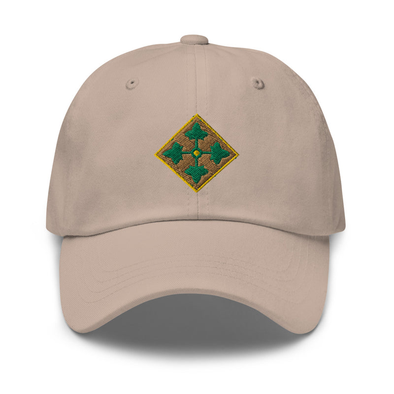 A stone colored 4th Infantry Division Division Hat with the logo on the front.  The hat has a curved visor and an adjustable strap at the back.