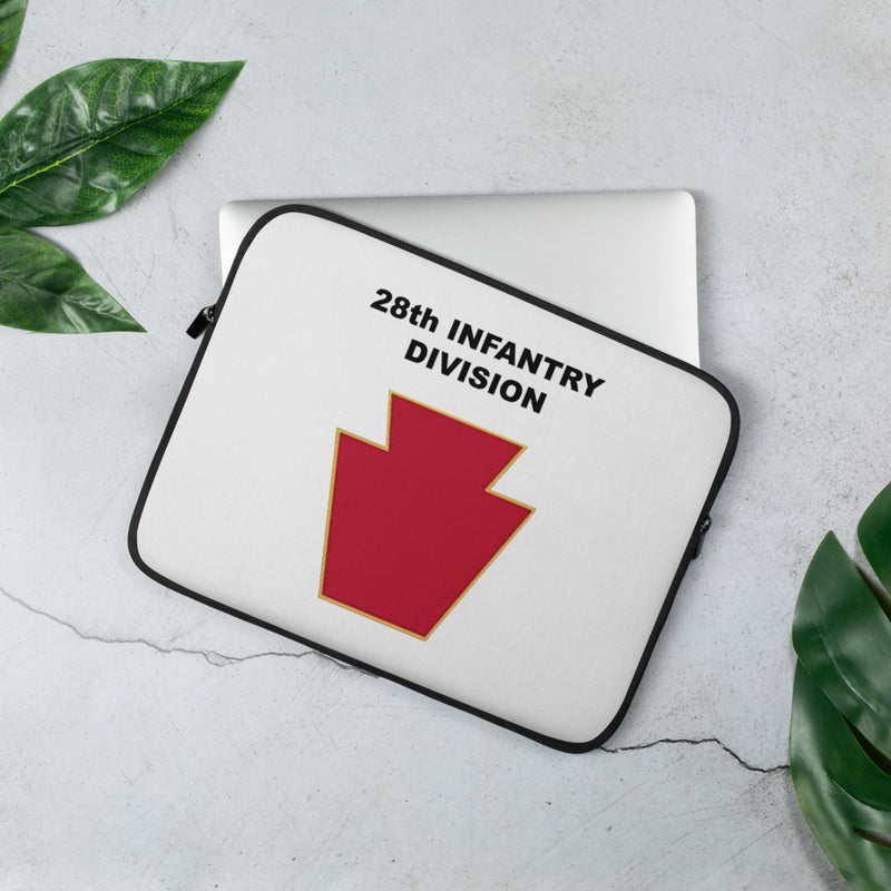 A lightweight and water-resistant white Laptop Sleeve with the 28th Infantry Division logo printed on top. The laptop sleeve is designed to fit a 13" laptop.