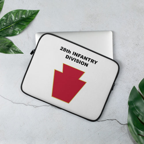A lightweight and water-resistant white Laptop Sleeve with the 28th Infantry Division logo printed on top. The laptop sleeve is designed to fit a 13" laptop.