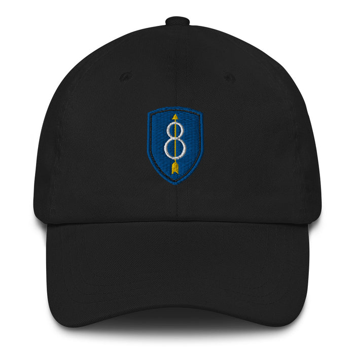 A black 8th Infantry Division Hat with the logo on the front.  The hat has a curved visor and an adjustable strap at the back.