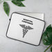 A lightweight and water-resistant white Laptop Sleeve with the Hospital Corpsmen logo printed on top. The laptop sleeve is designed to fit a 15" laptop.