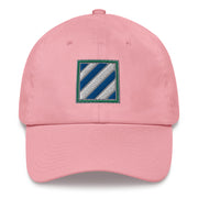 A pink 3rd Infantry Division Hat with the logo on the front.  The hat has a curved visor and an adjustable strap at the back.