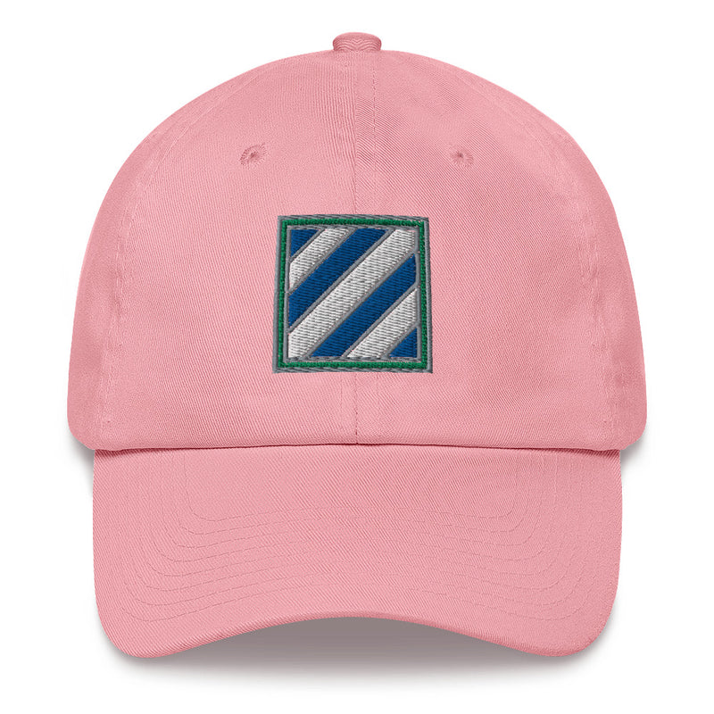 A pink 3rd Infantry Division Hat with the logo on the front.  The hat has a curved visor and an adjustable strap at the back.