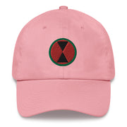A pink 7th Infantry Division Hat with the logo on the front.  The hat has a curved visor and an adjustable strap at the back.