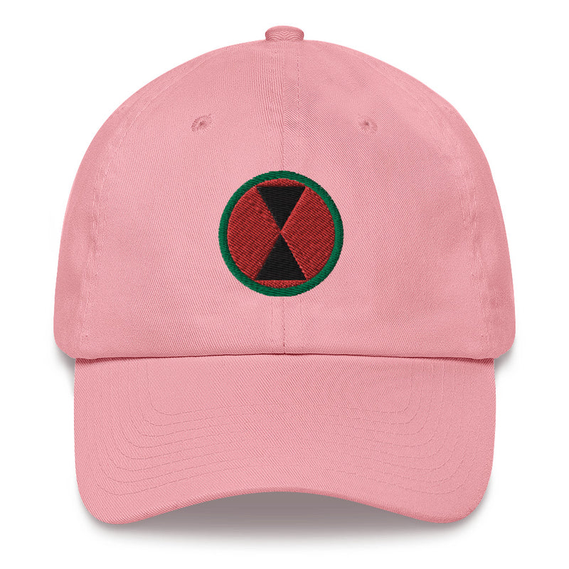 A pink 7th Infantry Division Hat with the logo on the front.  The hat has a curved visor and an adjustable strap at the back.