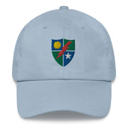 A light blue 75th Ranger Regiment Hat with the logo on the front.  The hat has a curved visor and an adjustable strap at the back.