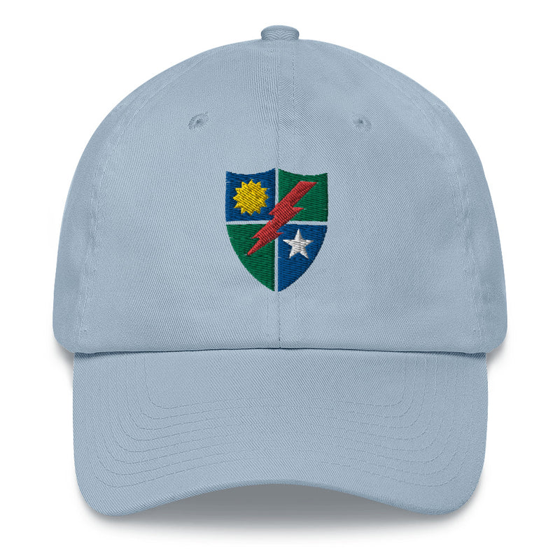 A light blue 75th Ranger Regiment Hat with the logo on the front.  The hat has a curved visor and an adjustable strap at the back.