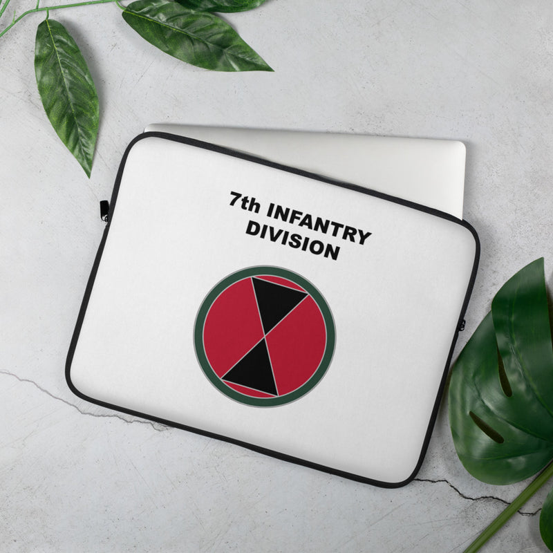 A lightweight and water-resistant white Laptop Sleeve with the 7th Infantry Division logo printed on top. The laptop sleeve is designed to fit a 15" laptop.