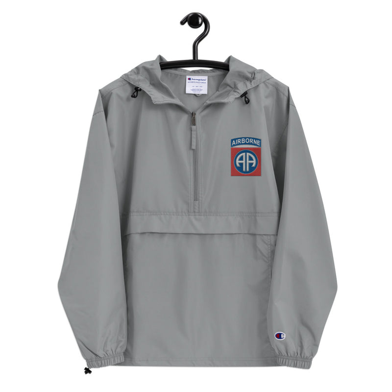 82nd Airborne Graphite Champion packable jacket with a detailed embroidered logo.