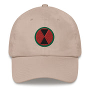 A stone colored 7th Infantry Division Hat with the logo on the front.  The hat has a curved visor and an adjustable strap at the back.