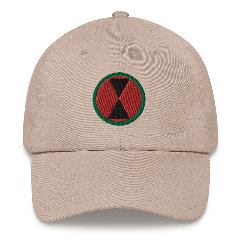 A stone colored 7th Infantry Division Hat with the logo on the front.  The hat has a curved visor and an adjustable strap at the back.