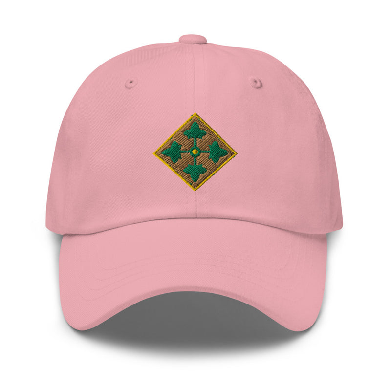 A pink 4th Infantry Division Division Hat with the logo on the front.  The hat has a curved visor and an adjustable strap at the back.