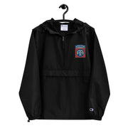 82nd Airborne Black Champion packable jacket with a detailed embroidered logo.
