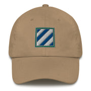 A khaki colored 3rd Infantry Division Hat with the logo on the front.  The hat has a curved visor and an adjustable strap at the back.