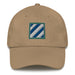 A khaki colored 3rd Infantry Division Hat with the logo on the front.  The hat has a curved visor and an adjustable strap at the back.