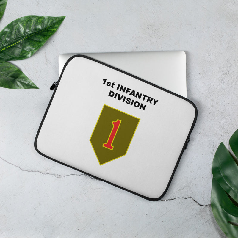 A lightweight and water-resistant white Laptop Sleeve with the 1st Infantry Division logo printed on top. The laptop sleeve is designed to fit a 13" laptop.