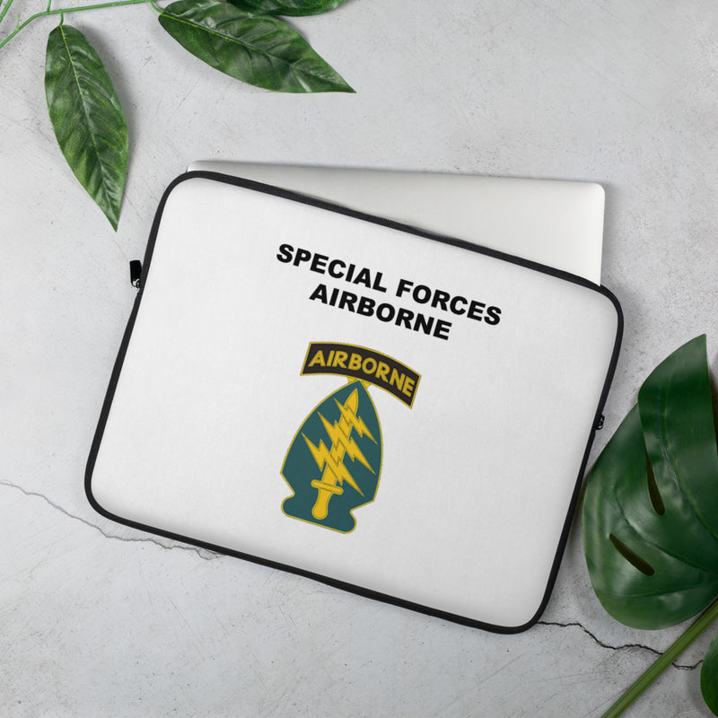 A lightweight and water-resistant white Laptop Sleeve with the Army Special Forces Airborne logo printed on top. The laptop sleeve is designed to fit a 15" laptop.