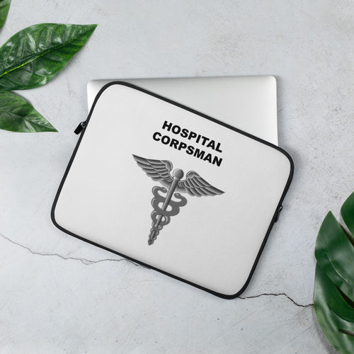 A lightweight and water-resistant white Laptop Sleeve with the Hospital Corpsmen logo printed on top. The laptop sleeve is designed to fit a 13" laptop.
